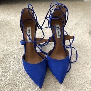 Blue suede lace up heels